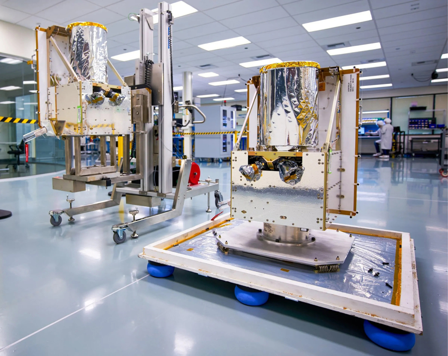 Two second-generation LeoStella imaging satellites at the company???s Tukwila assembly and test facility, prior to delivery to BlackSky.