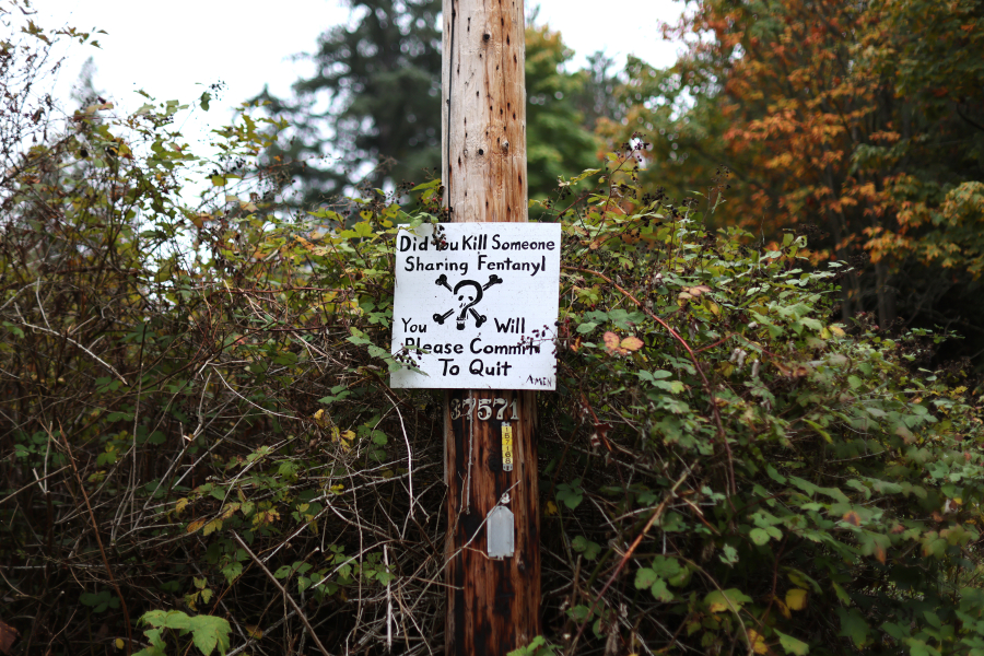 A sign along a road on the Lummi Nation reservation reads ???Did You Kill Someone Sharing Fentanyl. You will. Please Commit To Quit??? in Bellingham on Wednesday, Oct. 4, 2023. The Lummi Nation lost five people in one week due to drug overdoses.