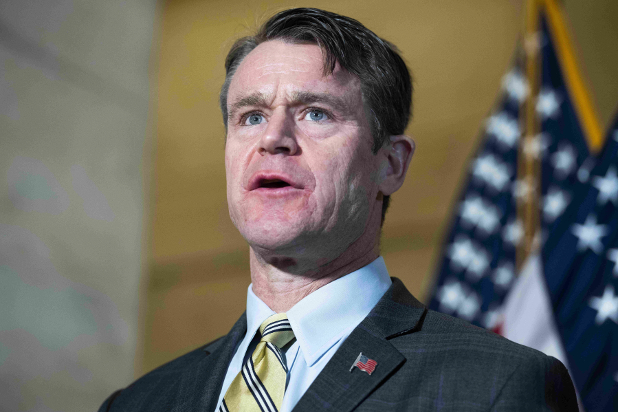 Sen. Todd Young, R-Ind., conducts a news conference on crime on Feb. 9, 2022.