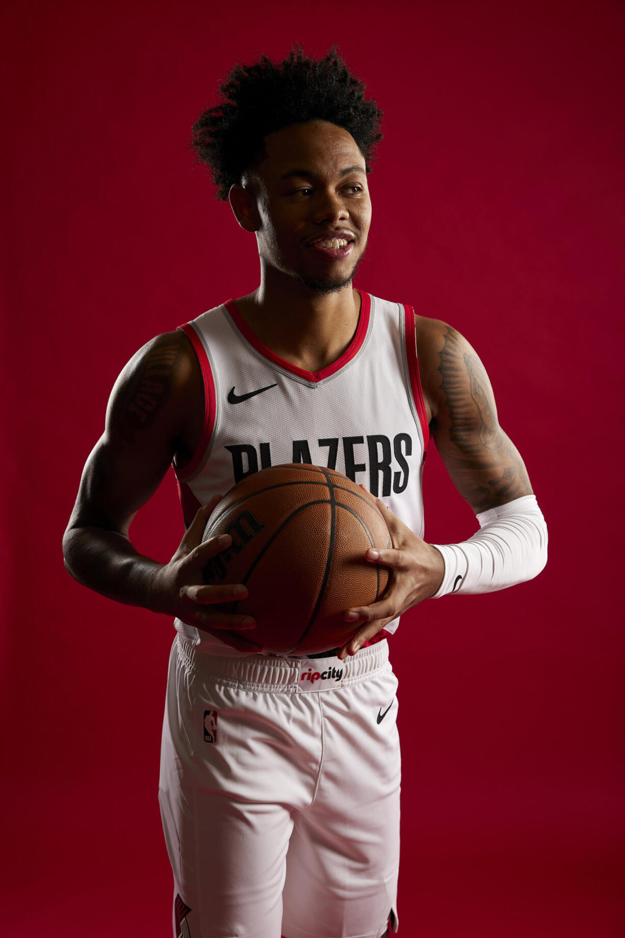 Portland Trail Blazers guard Anfernee Simons poses for a portrait during the NBA basketball team's media day in Portland, Ore., Monday, Oct. 2, 2023.