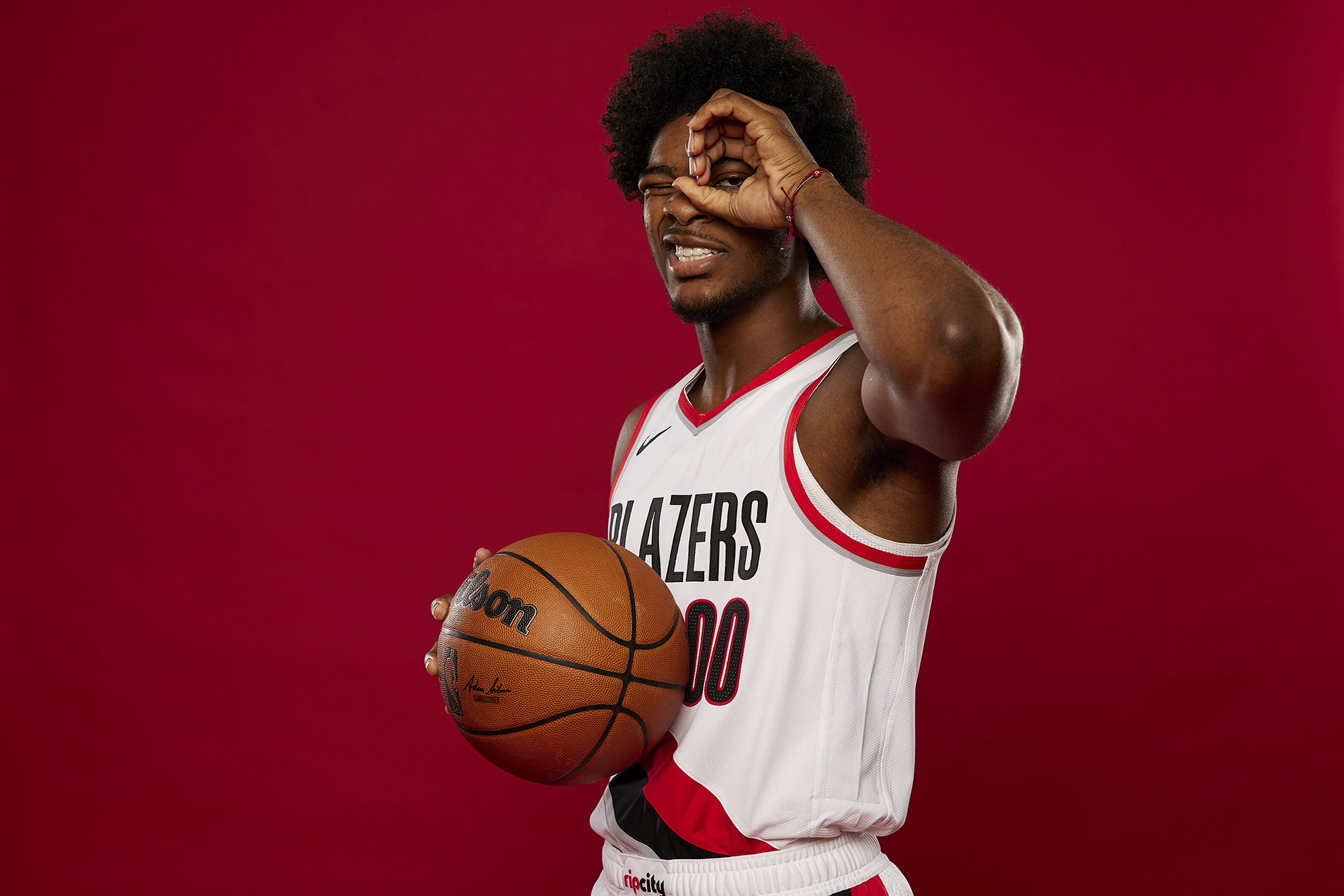 Portland Trail Blazers guard Scoot Henderson poses for a portrait during the NBA basketball team's media day in Portland, Ore., Monday, Oct. 2, 2023.