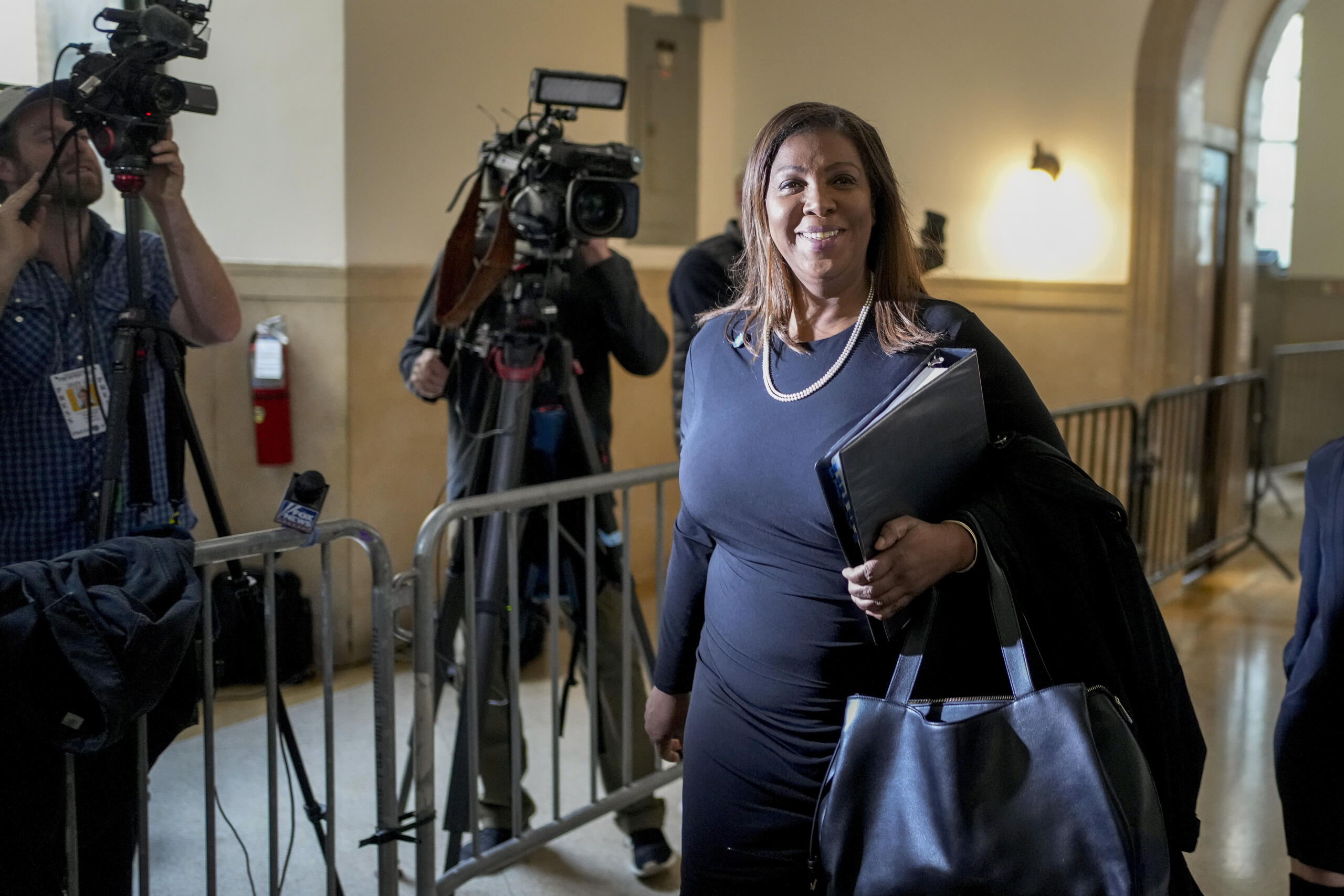 New York Attorney General Letitia James arrives at New York Supreme Court, Tuesday, Oct. 10, 2023, in New York. Donald Trump’s longtime finance chief is set to testify as the former president’s civil trial enters its second week.