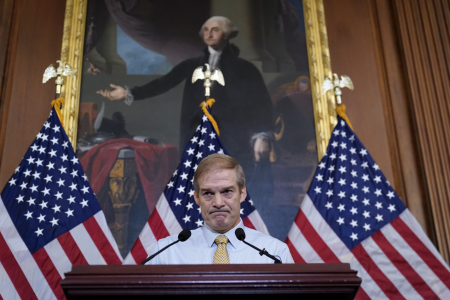 Rep. Jim Jordan, R-Ohio, House Judiciary chairman and staunch ally of Donald Trump, meets with reporters about his struggle to become speaker of the House, at the Capitol in Washington, Friday, Oct. 20, 2023. (AP Photo/J.