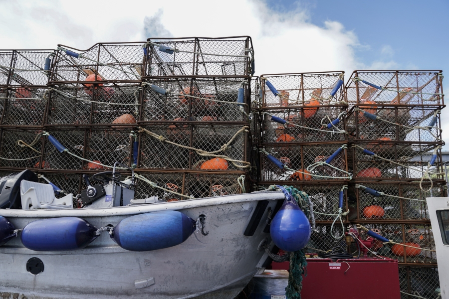 Crab pots sit on a dock June 25 in Kodiak, Alaska. Alaska fishermen will be able to harvest red king crab, the largest and most lucrative of all the Bering Sea crab species, for the first time in two years.