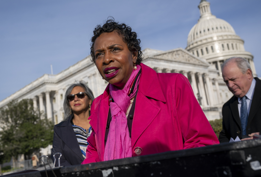 FILE - Rep. Yvette Clarke of New York speaks at a news conference in Washington, Nov. 4, 2021. Clarke and Sen. Amy Klobuchar of Minnesota sent a letter Thursday to Meta CEO Mark Zuckerberg and X CEO Linda Yaccarino asking each to explain any rules they're crafting to curb AI-generated election ads that deceive people. (AP Photo/J.