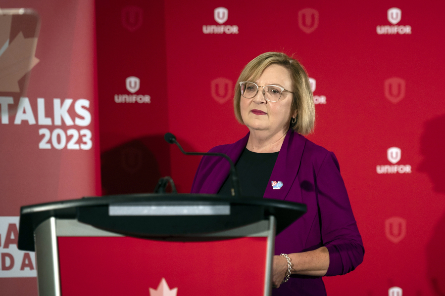 FILE - Lana Payne, Unifor national president speaks during a news conference, Aug. 29, 2023, in Toronto. Auto workers walked off the job at three General Motors facilities in Canada early Tuesday, Oct. 10, 2023 after failing to reach agreement with the automaker.