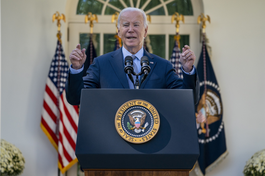 President Joe Biden speaks during an event in the Rose Garden of the White House, Oct. 11, 2023, in Washington. Biden is returning to Pennsylvania to use the critical battleground state again as a backdrop for some of his favorite political themes, championing steep increases in public works spending and detailing how bolstering green energy can spur U.S. manufacturing.