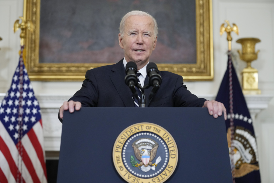 President Joe Biden speaks in the State Dining Room of the White House, Saturday, Oct. 7, 2023, in Washington, after the militant Hamas rulers of the Gaza Strip carried out an unprecedented, multi-front attack on Israel at daybreak Saturday.
