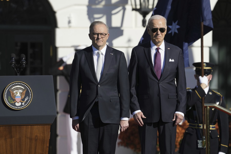 President Joe Biden welcomes Australia's Prime Minister Anthony Albanese during a State Arrival Ceremony on the South Lawn of the White House in Washington, Wednesday, Oct. 25, 2023.