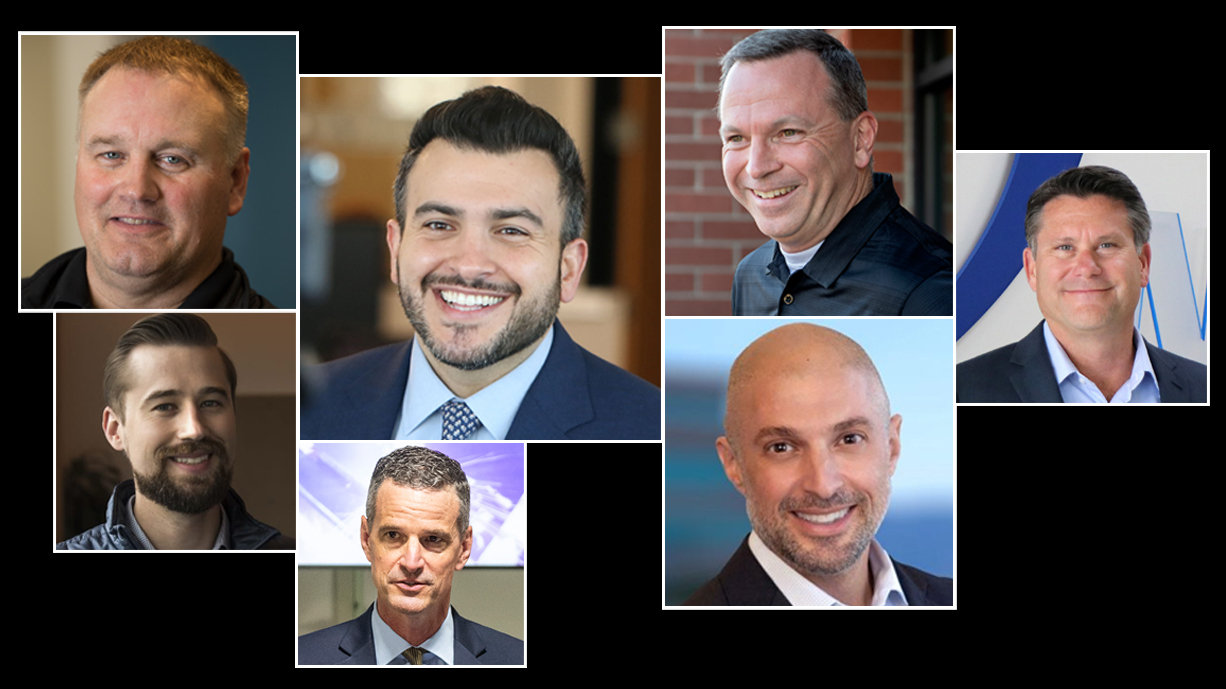 CEOs of publicly traded Clark County companies: (clockwise from top left) Scott Montross, Northwest Pipe Co.; Henry Schuck, ZoomInfo; Kevin Lycklama, formerly of Riverview Bancorp; Jim Barr, Nautilus; Cyrus Arman, CytoDyn; Scott Keeney, nLIGHT; Sean McClain, Absci