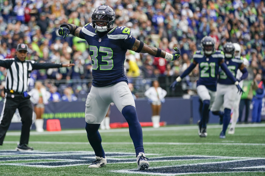 Seattle Seahawks safety Jamal Adams reacts after breaking up a pass in the end zone against the Arizona Cardinals during the first half of an NFL football game, Sunday, Oct. 22, 2023, in Seattle. The Seahawks won 20-10.