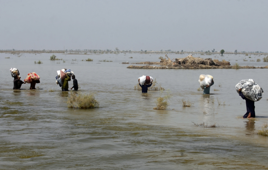 Victims of heavy flooding from monsoon rains carry relief aid through flood water in the Qambar Shahdadkot district of Sindh Province, Pakistan, on Sept. 9, 2022. Far more people are in harm's way as they move into high flood zones across the globe, adding to an increase in watery disasters from climate change, a new study said.