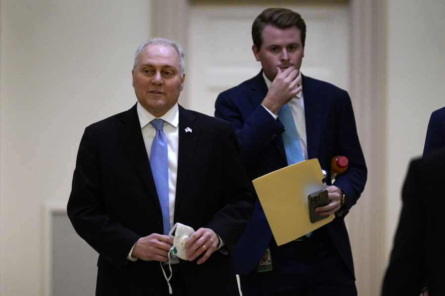 Rep. Steve Scalise, R-La., arrives for the House Republicans caucus meeting, Thursday, Oct. 12, 2023, on Capitol Hill in Washington.