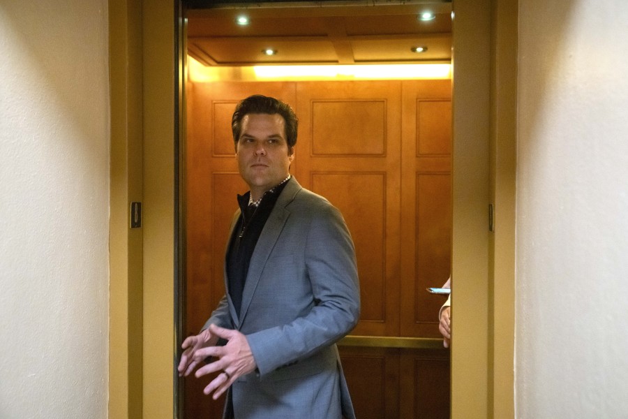 Rep. Matt Gaetz, R-Fla., steps into an elevator after a House Republican caucus meeting on Capitol Hill, Thursday, Oct. 12, 2023 in Washington.