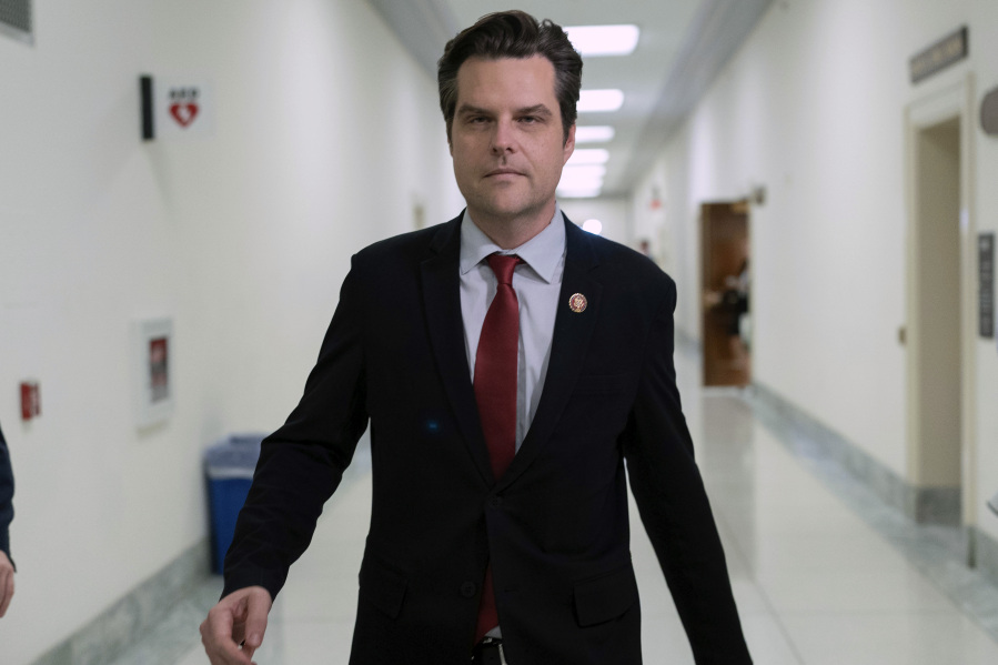 Rep. Matt Gaetz, R-Fla., leaves a meeting at the Capitol in Washington, Tuesday, Oct. 10, 2023. Following the ouster of Speaker of the House Kevin McCarthy of Calif., by a contingent of hard-right conservatives, the search for a new Speaker may be decided this week.