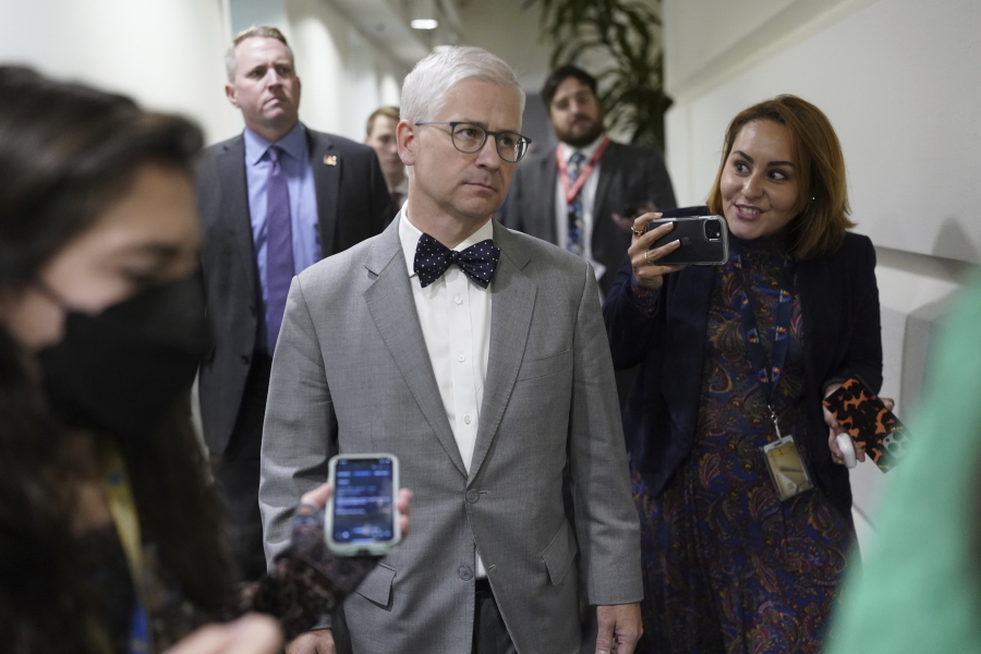 Rep. Patrick McHenry, R-N.C., the temporary leader of the House of Representatives and the speaker pro tempore, walks to a closed door GOP conference, at the Capitol in Washington, Thursday, Oct. 19, 2023. (AP Photo/J.