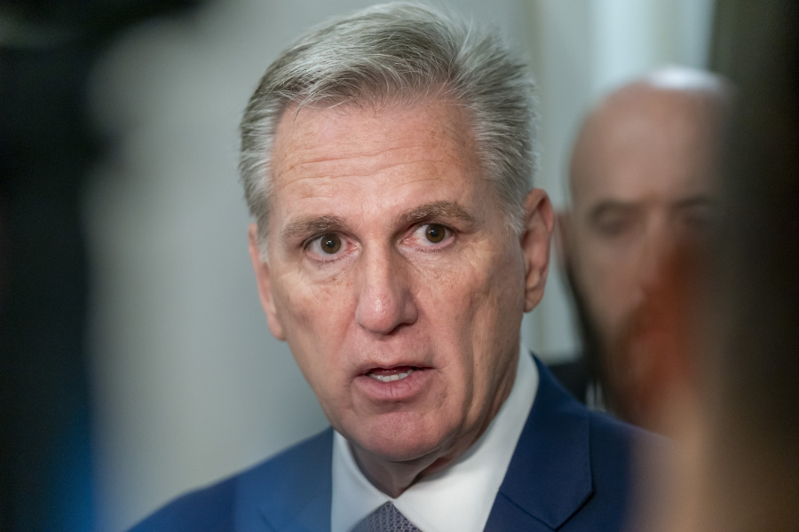 Former House Speaker Kevin McCarthy of Calif., speaks with reporters as he arrives as Republicans meet to decide who to nominate to be the new House speaker, on Capitol Hill in Washington, Tuesday, Oct. 24, 2023.