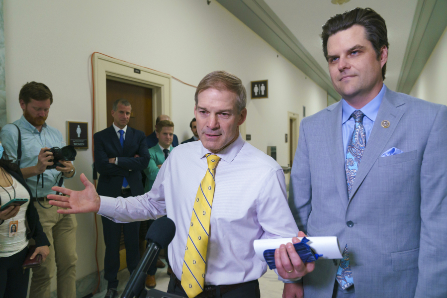 FILE--Rep. Jim Jordan, R-Ohio, left, and Rep. Matt Gaetz, R-Fla., speak to reporters after a hearing investigating former President Donald Trump, at the Capitol in Washington, Friday, June 4, 2021. Now the House Judiciary Committee chairman, the longtime Republican stalwart has emerged as a top contender to replace former House Speaker Kevin McCarthy who was voted out of the job by a contingent of hard-right conservatives on Oct. 3, 2023, led by Gaetz. (AP Photo/J.
