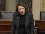 This image from U.S. Senate video, Sen. Maria Cantwell, D-Wash., speaks about the late Sen. Dianne Feinstein in the Senate chamber on Friday, Sept. 29, 2023, in Washington. In tributes to Feinstein after her death, her female colleagues talked about her indomitable, fierce intelligence and how she had paved the way for so many women. Feinstein was the first female mayor of San Francisco, one of California's first two female senators and the first female chairwoman of the Senate Intelligence Committee.