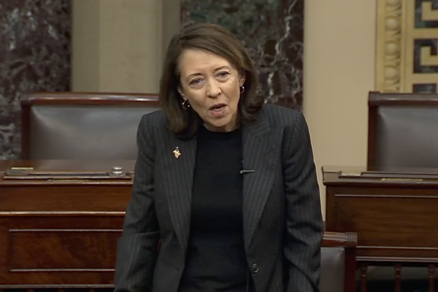 This image from U.S. Senate video, Sen. Maria Cantwell, D-Wash., speaks about the late Sen. Dianne Feinstein in the Senate chamber on Friday, Sept. 29, 2023, in Washington. In tributes to Feinstein after her death, her female colleagues talked about her indomitable, fierce intelligence and how she had paved the way for so many women. Feinstein was the first female mayor of San Francisco, one of California's first two female senators and the first female chairwoman of the Senate Intelligence Committee.