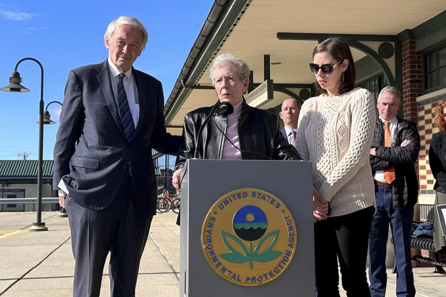Massachusetts Sen. Edward Markey, left, stands in support of Anne Anderson, whose son died of leukemia in 1981 and was exposed to water contaminated with the chemical trichloroethylene, or TCE. The two spoke Monday, Oct. 23, 2023, in Woburn, Mass., during an EPA press conference announcing its proposal to ban the chemical.
