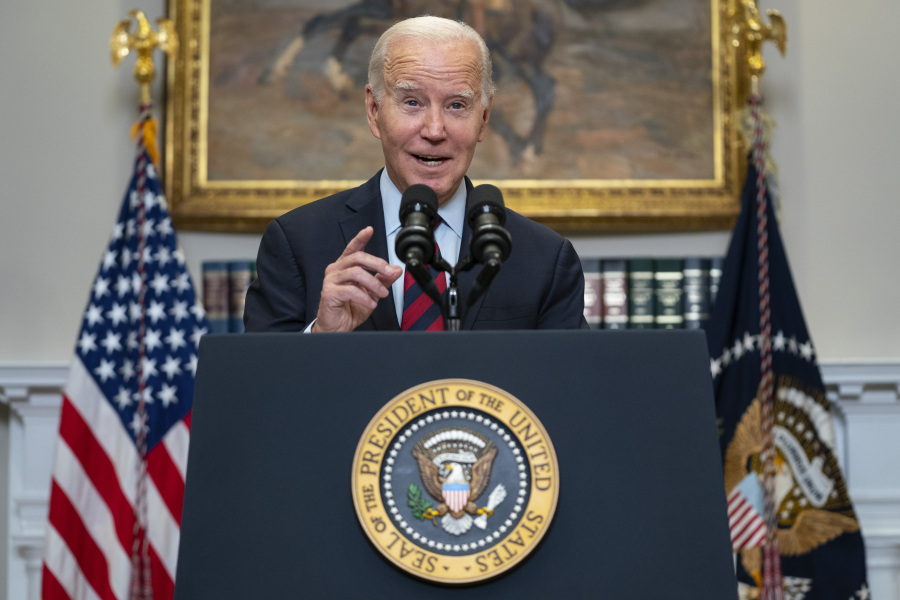 FILE - President Joe Biden speaks on student loan debt forgiveness, in the Roosevelt Room of the White House, Oct. 4, 2023, in Washington. Biden's second attempt at student loan cancellation is moving forward as a group of negotiators meets Oct.
