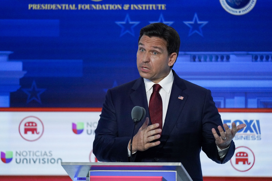 FILE - Florida Gov. Ron DeSantis speaks during a Republican presidential primary debate hosted by FOX Business Network and Univision, Wednesday, Sept. 27, 2023, at the Ronald Reagan Presidential Library in Simi Valley, Calif. (AP Photo/Mark J.