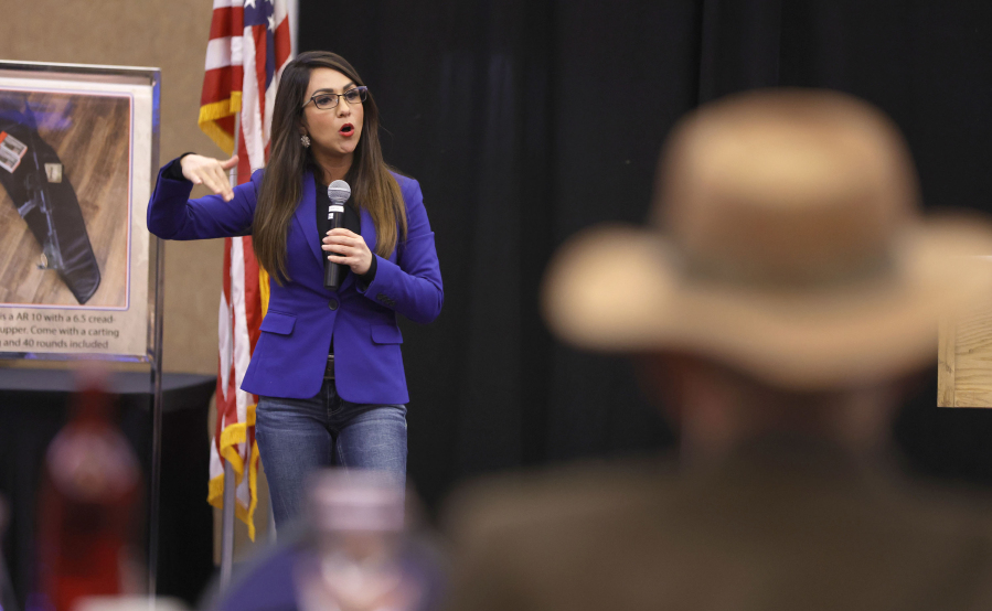 Rep. Lauren Boebert, R-Colo., delivers her speech at the Montezuma County Lincoln Day Dinner at the Ute Mountain Casino Hotel, Saturday, Oct. 28, 2023, in Towaoc, Colo.