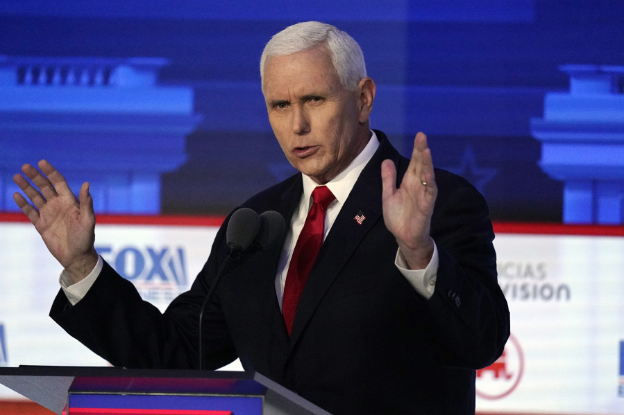 Former Vice President Mike Pence speaks during a Republican presidential primary debate hosted by FOX Business Network and Univision, Wednesday, Sept. 27, 2023, at the Ronald Reagan Presidential Library in Simi Valley, Calif. (AP Photo/Mark J.
