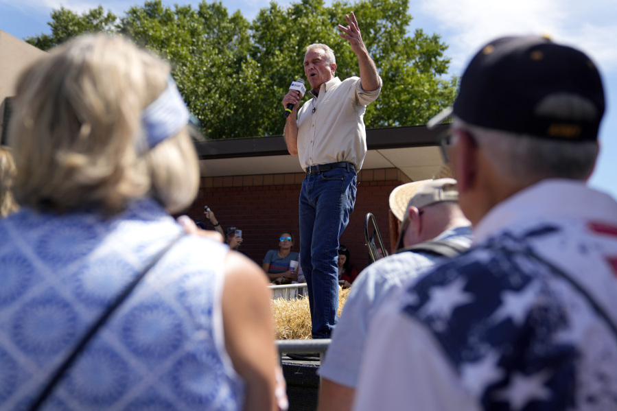 FILE - Robert F. Kennedy Jr., speaks during The Des Moines Register Political Soapbox at the Iowa State Fair, Saturday, Aug. 12, 2023, in Des Moines, Iowa.