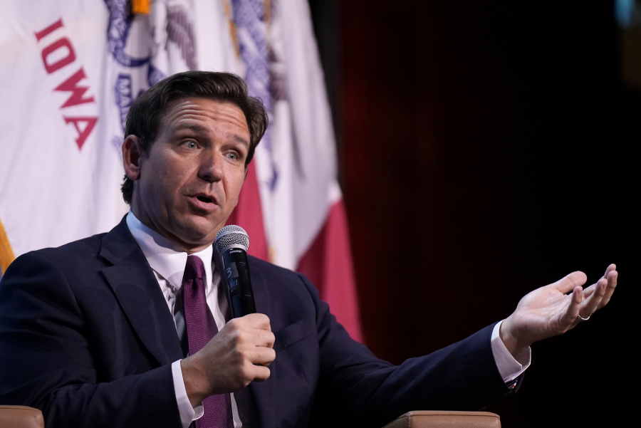Republican presidential candidate Florida Gov. Ron DeSantis speaks at the Iowa Faith & Freedom Coalition's fall banquet, Saturday, Sept. 16, 2023, in Des Moines, Iowa.