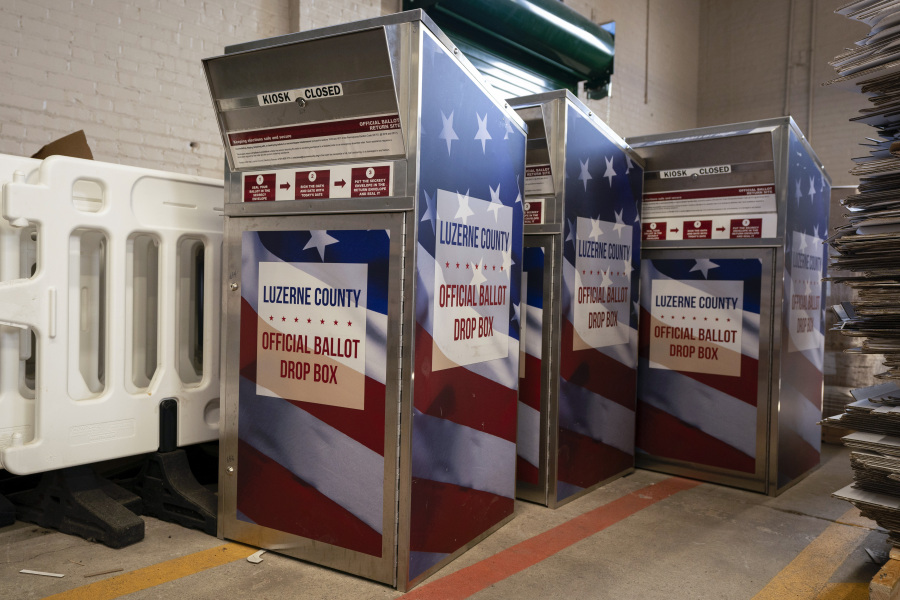 Luzerne County's ballot drop boxes are seen in the county's warehouse in Wilkes-Barre, Pa., Wednesday, Sept. 13, 2023.