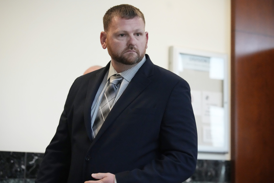 Former Aurora, Colo., Police Department officer Randy Roedema leaves the courtroom after he was convicted of charges in the 2019 death of Elijah McClain after a trial in the Adams County, Colo., courthouse Thursday, Oct. 12, 2023, in Brighton, Colo.