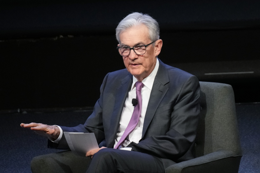 FILE - Federal Reserve Chairman Jerome Powell speaks at a meeting of the Economic Club of New York, Oct. 19, 2023, in New York. The Federal Reserve is expected to leave interest rates alone when its latest meeting ends Wednesday.