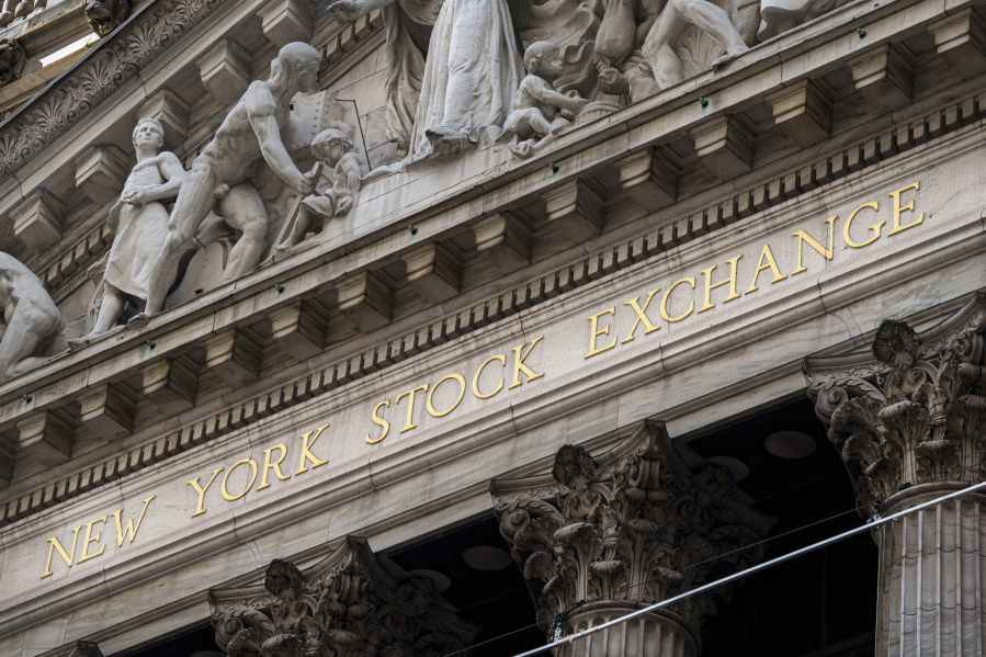 File - The New York Stock Exchange signage glistens in the noon sun on October 4, 2023, in New York. (AP Photo/J.