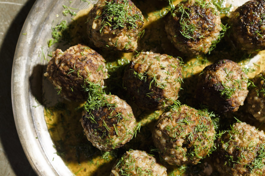 Beef and Rice Meatballs With Lemon-Olive Oil Sauce.