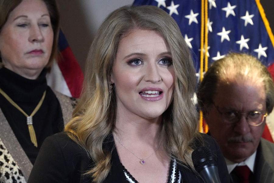 FILE - Jenna Ellis, a former member of then-President Donald Trump's legal team, speaks during a news conference at the Republican National Committee headquarters, Nov. 19, 2020, in Washington. Ellis has pleaded guilty to reduced charges over efforts to overturn Donald Trump's 2020 election loss in Georgia. Ellis is the fourth defendant in the case to enter into a plea deal with prosecutors.