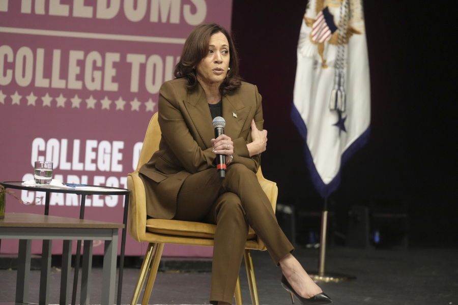 Vice President Kamala Harris speaks during a panel discussion at the College of Charleston on Wednesday, Oct. 11, 2023, in Charleston, S.C. Harris visited the state, home of Democrats' first presidential primary of 2024, as part of her tour to college campuses across the country.