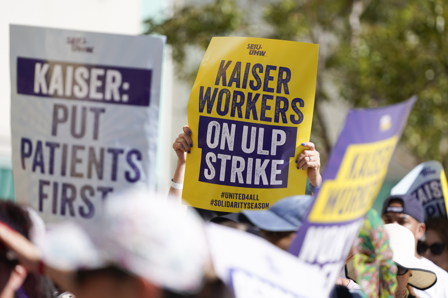 Kaiser Permanent workers picket Thursday, Oct. 5, 2023, in Baldwin Park, Calif.