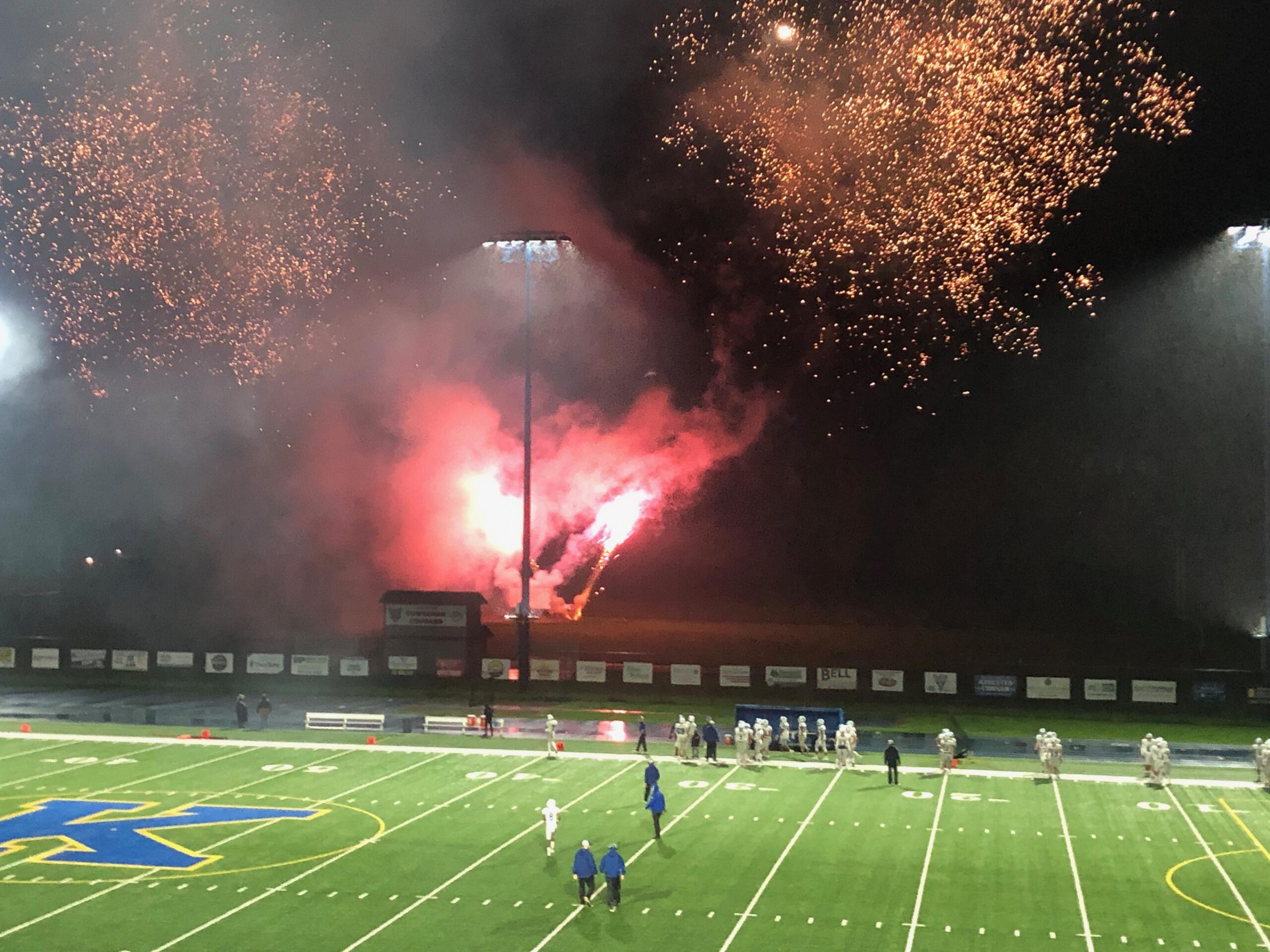 A fireworks show takes place during halftime of Kelso's homecoming football game against Mountain View on Friday, Oct. 13, 2023 at Kelso High School.