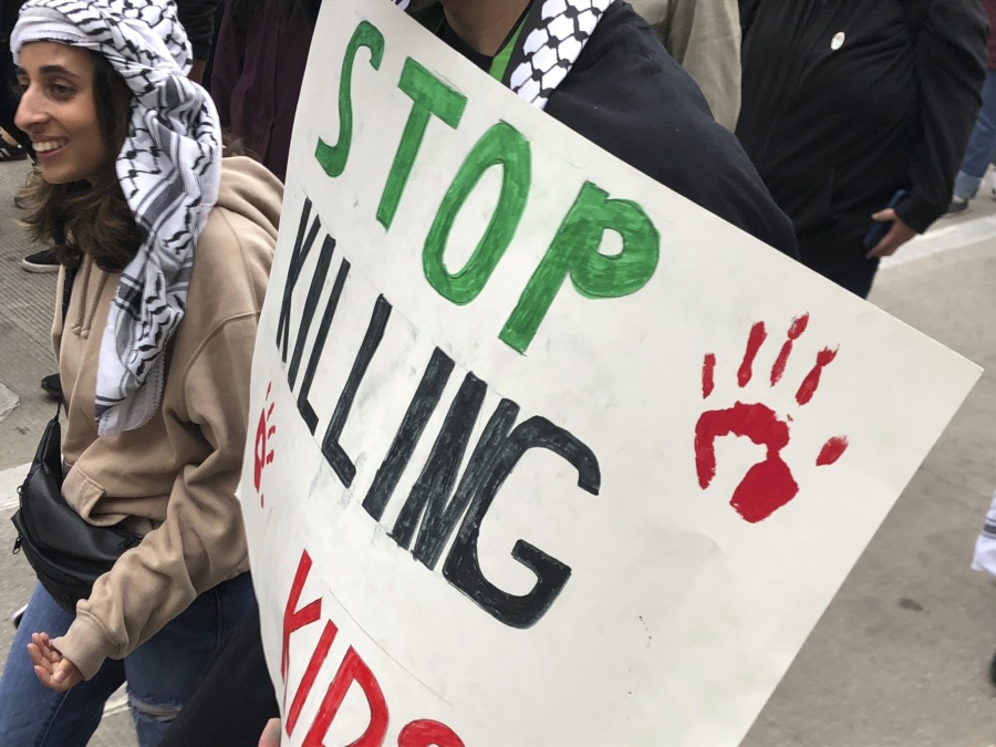 Thousands of protesters march down Chicago's Michigan Avenue on Saturday, Oct. 21, 2023 in support of the Palestinians.