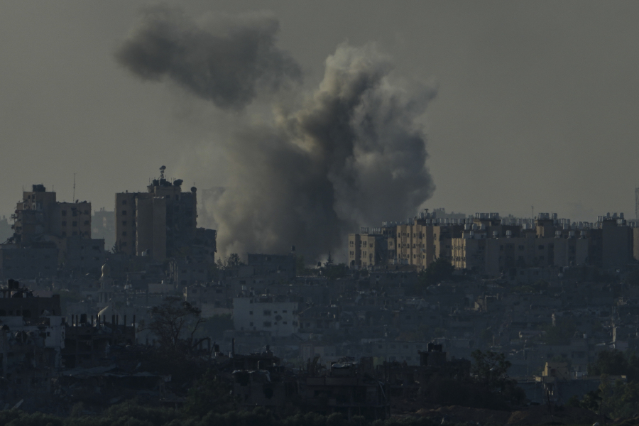 Smoke rises following an Israeli airstrike in the Gaza Strip, as seen from southern Israel, Monday, Oct. 30, 2023.
