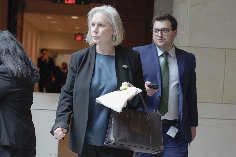 Sen. Kirsten Gillibrand, D-N.Y., arrives for a classified briefing for senators on Israel and Gaza at the Capitol in Washington, Wednesday, Oct. 18, 2023.