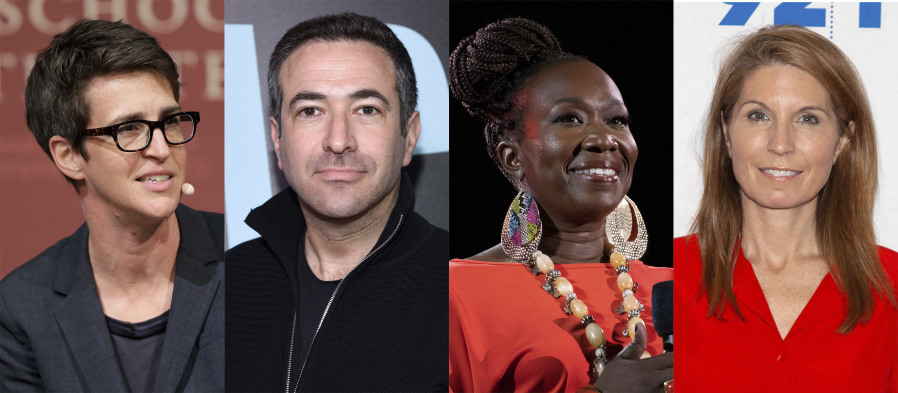 This combination of photos shows MSNBC commentators, from left,  Rachel Maddow, Ari Melber, Joy Reid and Nicolle Wallace.