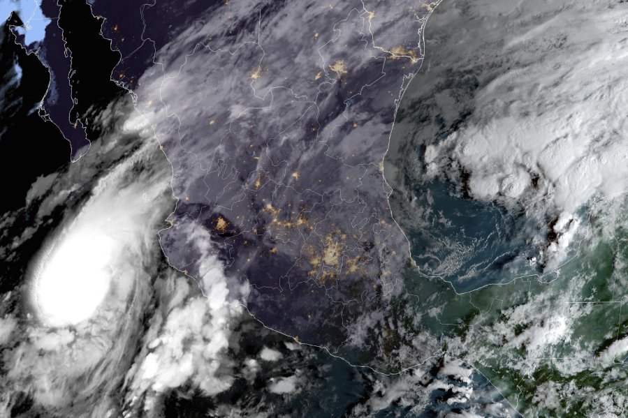 This satellite image provided by NOAA at 8am E.T. on Tuesday, Oct. 10, 2023 shows Hurricane Lidia in the Pacific Ocean approaching Puerto Vallarta, Mexico.