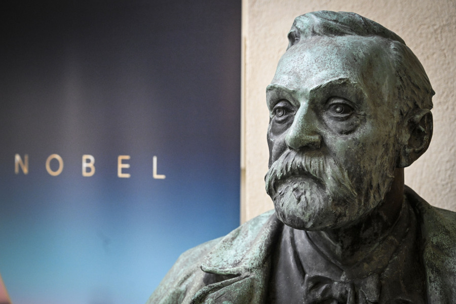 FILE - A bust of Alfred Nobel on display following a press conference at the Karolinska Institute in Stockholm, Sweden, on Monday, Oct. 3, 2022.