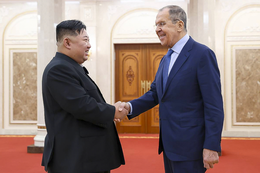 In this photo released by Russian Foreign Ministry Press Service via their telegram channel, Korean leader Kim Jong Un, left, and Russian Foreign Minister Sergey Lavrov greet each other during a meeting in Pyongyang, North Korea, on Thursday, Oct. 19, 2023.