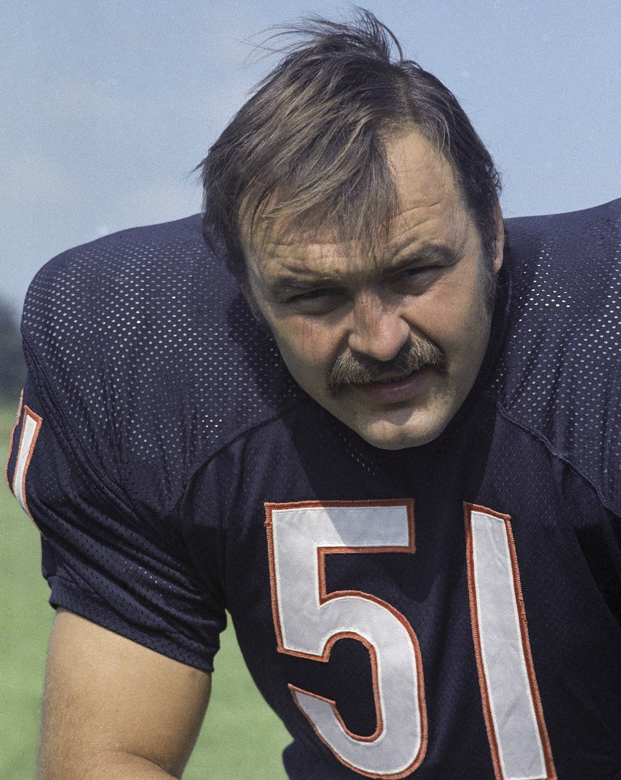 FILE - Chicago Bears linebacker Dick Butkus poses for a photo in 1973. Butkus, a fearsome middle linebacker for the Bears, has died, the team announced Thursday, Oct. 5, 2023. He was 80. According to a statement released by the team, Butkus' family confirmed that he died in his sleep overnight at his home in Malibu, Calif.