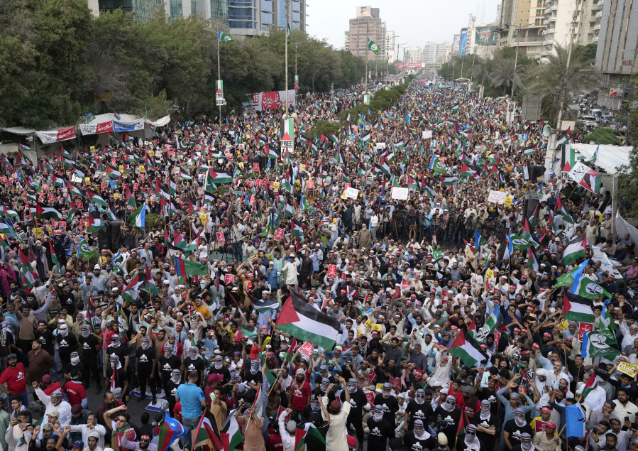 Supporters of the religious and political party Jamaat-e-Islami attend a demonstration against Israeli airstrikes on Gaza, to show solidarity with Palestinian people, in Karachi, Pakistan, Sunday, Oct. 15, 2023.