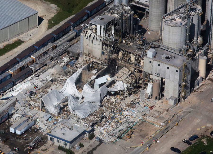 FILE - Part of the Didion Milling Plant in Cambria, Wis., lies in ruins following an explosion on June 1, 2017. A federal jury has convicted two Didion Milling senior employees of falsifying records and obstructing an investigation into the fatal corn dust explosion at the company's Cambria plant in 2017, Justice Department officials announced on Tuesday, Oct. 17, 2023.